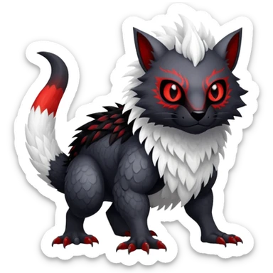 a white exotic edgy vernid-fionbr-Fakémon-creature, with black belly and red eyes, full body sticker