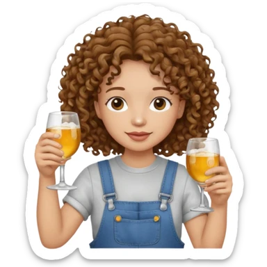 Curly haired curl with brown hair and light skin in overalls toasting with alcohol sticker