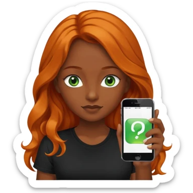 Girl with dark long orange wavy hair, green eyes, and black t-shirt and phone with app on hand sticker
