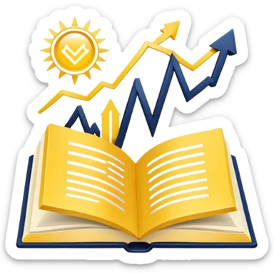 A yellow productivity book with navy blue and gold details, and chart with upward trend aura, radiating productivity, strategy, and success in motion with time and happiness yellow... power in time aura of happiness sticker