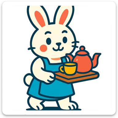 white bunny in apron holding tea tray, vibrant-toon style sticker
