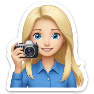  blue eyes blonde girl photographer cartoon taking picture in middle of taking picture camera in front of face long hair smiling funny flash professiona sticker