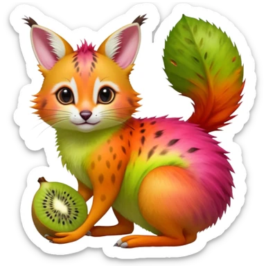 Hyper realistic  tropical-fruit-splash-colored fur of kiwi-green-lime-green-gradients, papaya-orange, and dragonfruit-pink chaos beautiful elegant pretty precious cute  Fakémon-Pokémon-opossum-feline-serval-caracal-chinchilla-Furret-Minccino-hybrid-creature with a big fluffy bushy tail (full body) sticker