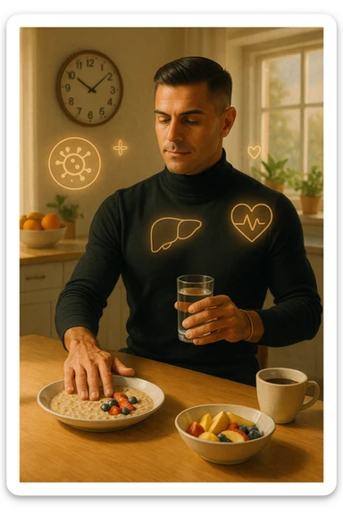 A realistic, cinematic illustration of a man in his early 30s with a fit, healthy appearance, standing in a bright kitchen in the morning. The kitchen table has a prepared but untouched healthy breakfast (oatmeal, fruit, coffee) on it, while the man, with a calm and focused expression, gently pushes the plate away with one hand while holding a glass of water in the other. A wall clock in the background shows 8:00 AM, indicating the morning fasting window, while sunlight streams in, illuminating the scene. Subtle glowing icons of a regenerating cell, a clean liver, and a heart float softly around him, symbolizing the health benefits of intermittent fasting. The atmosphere is clean, minimal, and motivating, showing that the man chooses intermittent fasting consciously for health, clarity, and energy rather than weight loss alone. The color palette is warm, with natural light and a slight film grain for depth sticker