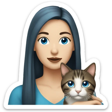 Woman with dark long hair and blue eyes holding a tabby cat  sticker