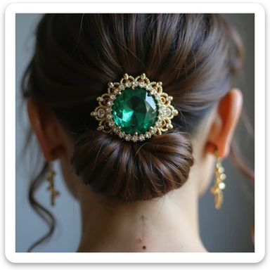 realistic hairclip with emerald gemstone, photorealistic style, detailed, high resolution sticker