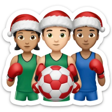 crie a imagem de 3 atletas de modalidades diferentes, usando elementos esportivos, como por exemplo bola de futebol, luvas de luta e bola de vôlei... e usando um chápeu de papai noel das cores verde e azul. sticker