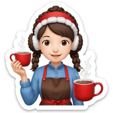 A cozy pig tail hair vendor with fluffy earmuffs, wearing apron handing out steaming cocoa with a warm smile. sticker