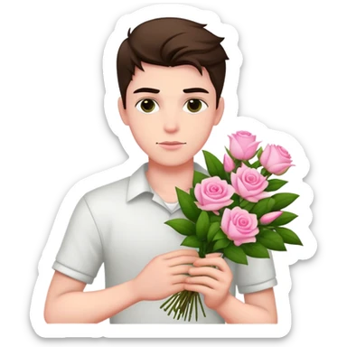 A cool bad boy with fair skin holding a bouquet of pink jasmine roses sticker
