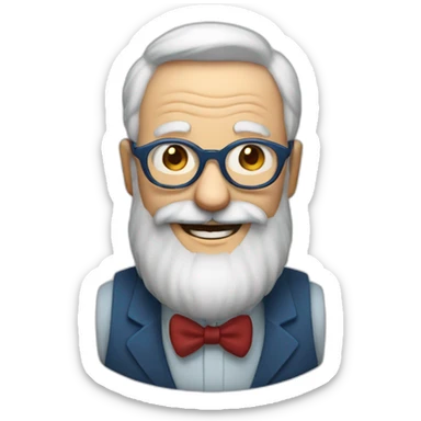 old man with red hair, blue glasses, long beard and moustache and a big smile sticker