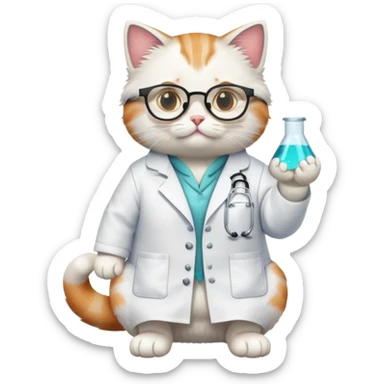cat full body sitting wearing scientist glasses and a lab coat sticker