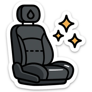 luxury car seat icon in matte black with a small droplet or shield on the headrest, elegant stitching, minimalist lines, extra shine and sparkling effects, modern and clean style, no text sticker