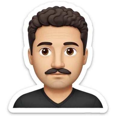 Hispanic man in his 40s with light cinnamon skin. Structured face with defined jawline. Calm brown eyes. Natural thick eyebrows. Connected mustache and chin beard (goatee) in black with a few gray hairs. Short curly dark hair. Wearing a black V-neck t-shirt. sticker