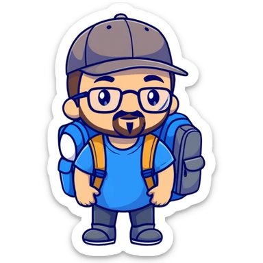 adventurer with goatee beard (no beard on cheeks), short hair, glasses, backwards baseball cap and backpack sticker