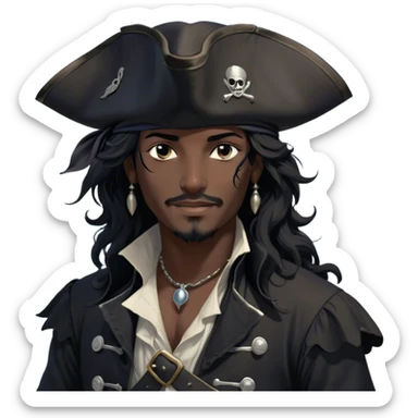 A charismatic pirate with wavy black hair that falls just past his shoulders, tousled slightly by the sea breeze. He wears a black tricorn hat with subtle silver embroidery along the edges, casting a shadow over his sharp, confident features. His piercing dark eyes glint with mischief as he gazes to the side, a knowing smile playing at his lips. His well-fitted black coat, adorned with polished silver buttons and intricate stitching, moves slightly with the wind, revealing glimpses of a deep-crimson waistcoat underneath. A silver chain dangles from his belt, catching the dim golden light of the setting sun. His posture is relaxed yet assured, exuding effortless charm as if he owns the sea itself. sticker