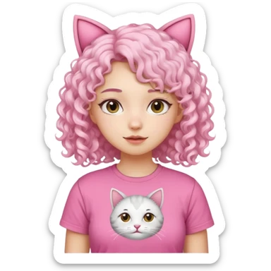 girl with white curly hair and cat ears wearing pink tshirt sticker