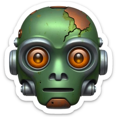 make a tired old robot emoji, covered in green sludge, 2d sticker