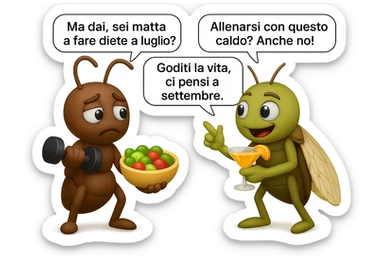 EMOJI STILE IPHONE 3D DI una cicala e una formica che parlano tra loro, la formica ha nella mano destra un manubrio da palestra e nella nella mano sinistra una bowl di insalata, la cicala invece ha un cocktail in mano, la cicala prende in giro la formica E LE DICE IN 3 FUMETTI DIFFERENTI: "Ma dai, sei matta a fare diete a luglio?”
“Allenarsi con questo caldo? Anche no!”
“Goditi la vita, ci pensi a settembre.”
 sticker
