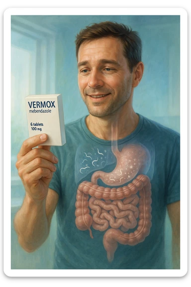 A realistic, cinematic illustration of a man in his late 30s holding a small white box of ‘Vermox’ (mebendazole) in one hand, with a relieved and hopeful expression on his face. Behind him, a semi-transparent overlay shows his digestive tract where small, symbolic worm-like parasites are dissolving and disappearing, indicating the medication’s effect. The environment is clean and bright, with a medical yet hopeful tone, conveying the concept of effective parasite removal. Subtle blue and green tones symbolize cleansing and health restoration, while the man appears energized and ready to reclaim his well-being sticker