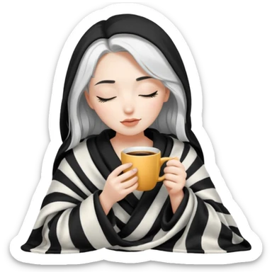 Pale girl with black and white hair inside a blanket sipping coffee eyes closed sticker