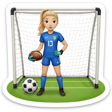 Make a dirty blonde football goalkeeper with goalkeeper gloves on holding a football. The girl is light skinned and wearing a football kit and football shoes. Standing in front of football goal. Wearing a ponytail with the dirty blonde hair. Without a American football ball sticker