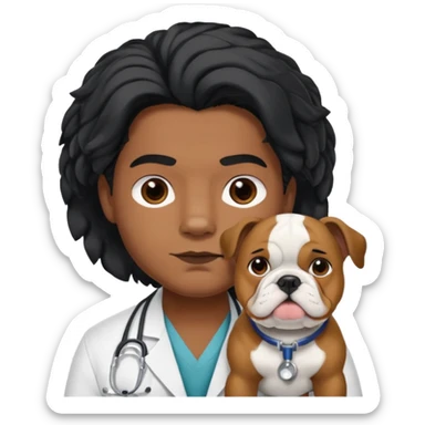 joven médico con el pelo un poco largo pero no tanto y lacio, que tenga un estetoscopio de color de piel tez negra calida !!! que sostiene un bulldog francés blanco sticker
