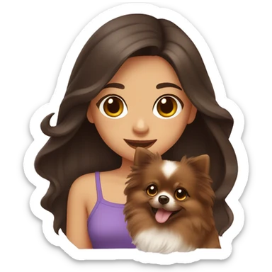 Girl with long wavy dark brown hair and medium brown eyes holds her pet pomeranian sticker