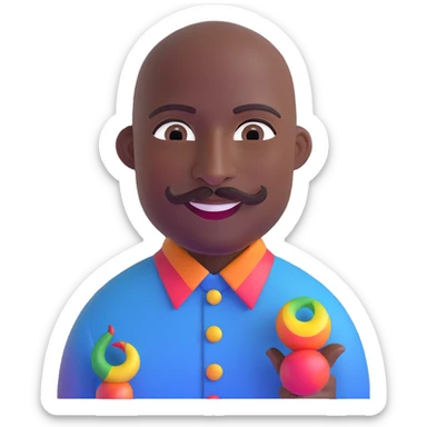 Oxumarê as a very happy and spontaneous smiling 37-year-old bald man with very dark skin, smooth oval head, indigenous facial features, mustache with circular beard only on chin (no hair on sides), a round mole on the right side below the lip, wearing a blue striped dress shirt, and a rainbow serpent, Memoji style sticker