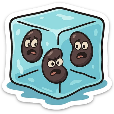 black beans frozen inside an ice cube, stylized, cartoon style, playful vibrant colors sticker