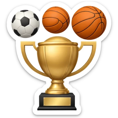 a basketball, soccer ball, volleyball, and a football all mixed with one trophy sticker