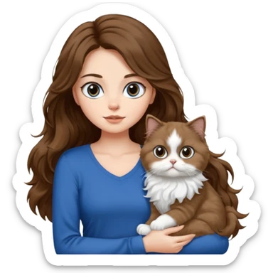 a girl with long wavy ish brown hair with a blue top and black pants holding a white persian cat  sticker