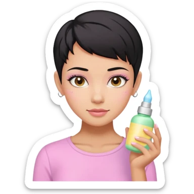 tan girl pink shirt with black hair & a pixie, cut no earrings, doing cute pastel colors skin care sticker