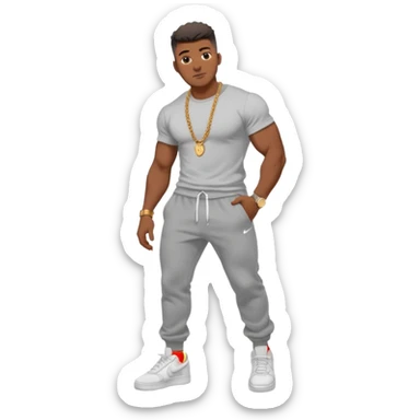 Handsome Black guy with brown skin tone, with muscular build, wearing gray sweatpants, a white t-shirt, white Air Force Ones sneakers, a small gold rope chain, and a gold watch  sticker