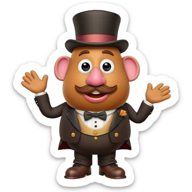 Create a 3D Pixar-style Mr. Potato Head character with a rounded, slightly uneven shape, expressive eyes, a wide smile, and cartoonish limbs, dressed in a victorian suit and top hat sticker