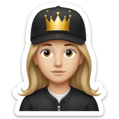 Wearing a black baseball cap turned backwards, with the brim facing the back. The crown is tilted slightly forward. Hair is long and loose. sticker