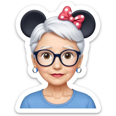 Older woman Hazel eyes short White hair Blue shirt wearing glasses Minnie mouse ears sticker