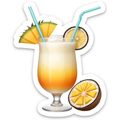 A beautiful cocktail with a creamy white to orange gradient, containing coconut juice and mango, reminiscent of summer. Above, there are tropical flowers, lemon slices, and straws. sticker