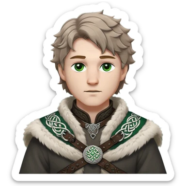 Medieval winter outfit worn by a DnD themed fantasy male character. Heavy charcoal wool tunic with arctic wolf fur lining, adorned with intricate iron clasps and a thick leather belt with celtic knotwork. Clothes only above the waist, full waist coverage. The character has no arms. Character is white-skinned with light brown hair, gray-green eyes, and short wavy hair dusted with winter's touch. sticker
