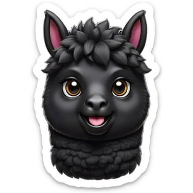 Cinematic Comical Black Alpaca Portrait Emoji, Head tilted dramatically with an exaggeratedly amused expression, featuring a striking jet-black fleece with playful texture, wide, expressive dark eyes filled with playful disbelief, Simplified yet hilariously expressive features, highly detailed, glowing with a slightly sassy glow, high shine, dramatic yet playful, stylized with an air of cheeky mischief, bright and endearing, soft glowing outline, capturing the essence of a spirited and over-the-top alpaca, so meme-worthy it feels like it could side-eye its way into internet fame instantly! sticker