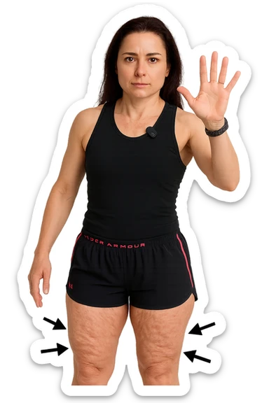 Donna con cellulite sulle cosce indica le cosce che sono infiammate di cellulite con frecce ad indicare  senza mano alzata come in foto. sticker