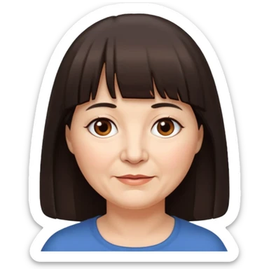60 yr old woman, very small brown eyes, long straight dark brown hair, bangs, chubby, long face sticker