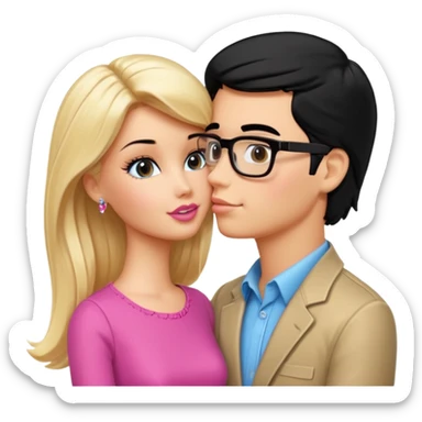 pretty blonde girl barbie kissing nerd with black hair and tan skin on the cheek sticker