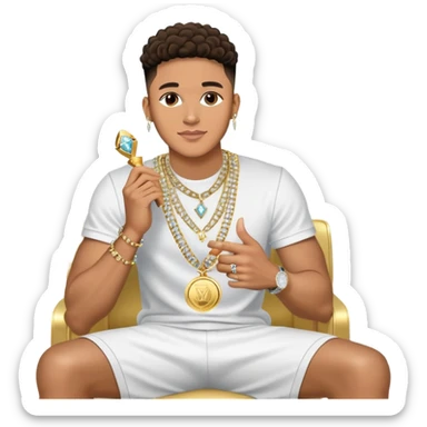 Internet celebrity Josh King Madrid jetset wearing shiny diamond earrings and sparkly iced out diamond tennis necklace chains with tefi valenzuela sitting with him holding gold internet celebrity trophy on tv show in Miami sticker