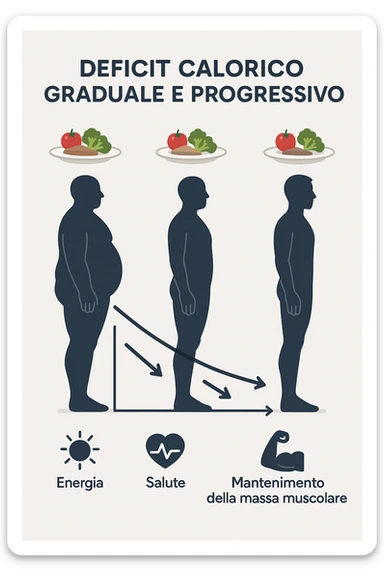una sequenza di tre sagome umane affiancate, ognuna rappresenta una fase diversa di perdita di peso graduale. Sopra ogni figura, un piatto mostra porzioni di cibo bilanciate ma leggermente ridotte. Frecce e grafici illustrano una diminuzione lenta e costante dell’apporto calorico giornaliero, con icone che rappresentano energia, salute e mantenimento della massa muscolare. Sfondo pulito e moderno, con etichette chiare che spiegano “deficit calorico graduale e progressivo” in italiano sticker