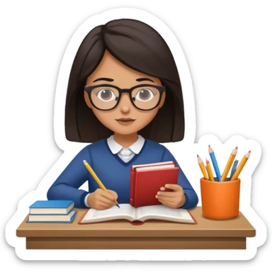 A student with dark hair is reading a book and taking notes in a notebook. There are also papers and textbooks on the table. sticker