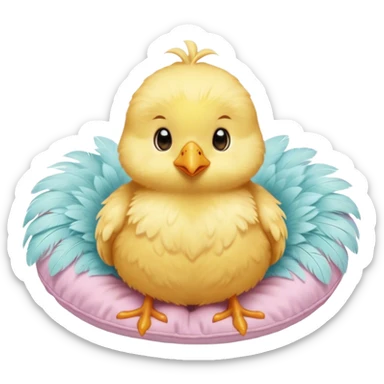 Cinematic round fluffy chick, golden yellow, tiny beak and feet, soft downy feathers, sparkling gentle eyes, sitting on a pastel-colored cushion, radiating warmth and sweetness. sticker