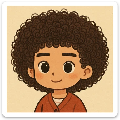 Haz el pelo mucho más rizado y las cejas más rectas, manteniendo el estilo general, cute y todos los detalles anteriores sticker