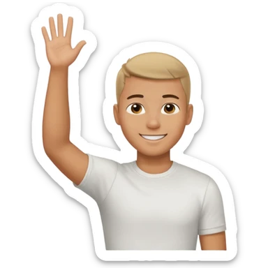 joven bronceado corte de soldado oscuro muy cortito polera blanca sonrisa bonita saludando mano arriba sticker