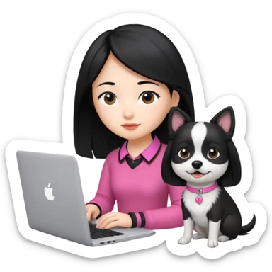 Asian girl with long black hair working on an Apple laptop, next to her is a small black and white dog with pink collar on  sticker