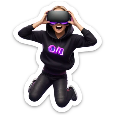 Russian girl wearing black hoody with violet letters "OMG", in vr headset oculus quest2. jumping. Cyberpunk style. Violet neon. sticker